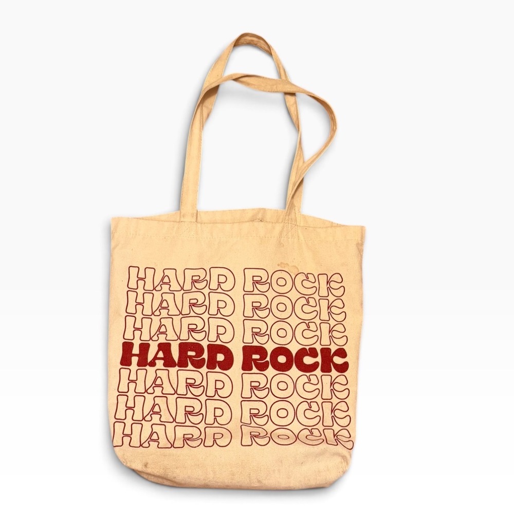 Vintage Hard Rock Cafe Canvas Tote Bag Cream Red Graphic Reusable Shopper